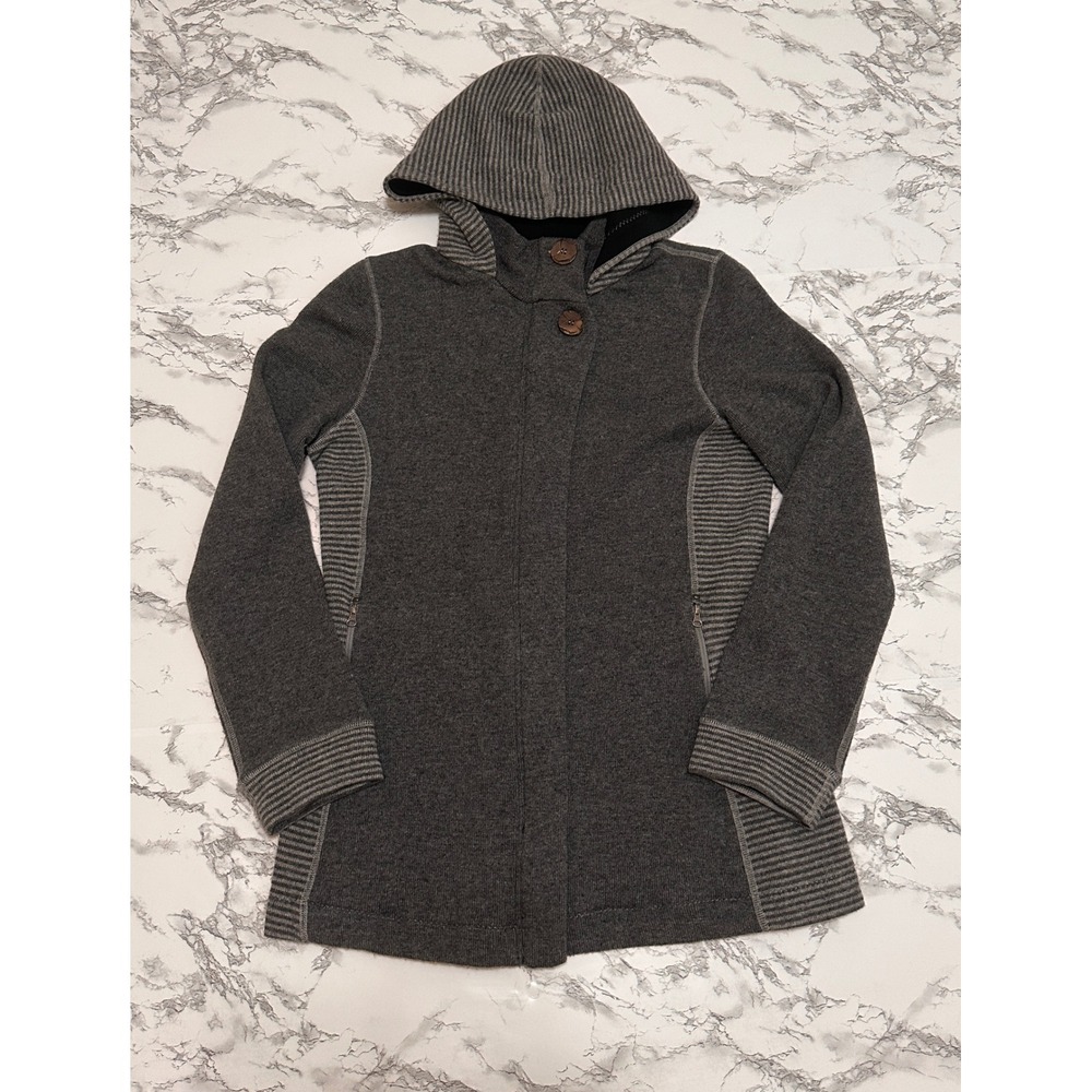 Prana Breathe Gray Wool Blend Hooded Zip Front Coat Jacket Striped Trim Large